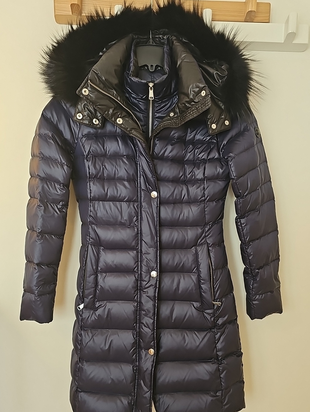 Andrew Marc Navy Quilted Down Long Puffer with Black Faux Fur Trim
